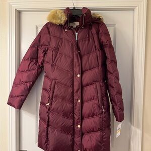 NWT Michael Kors Maroon Puffer Jacket with Faux Fur